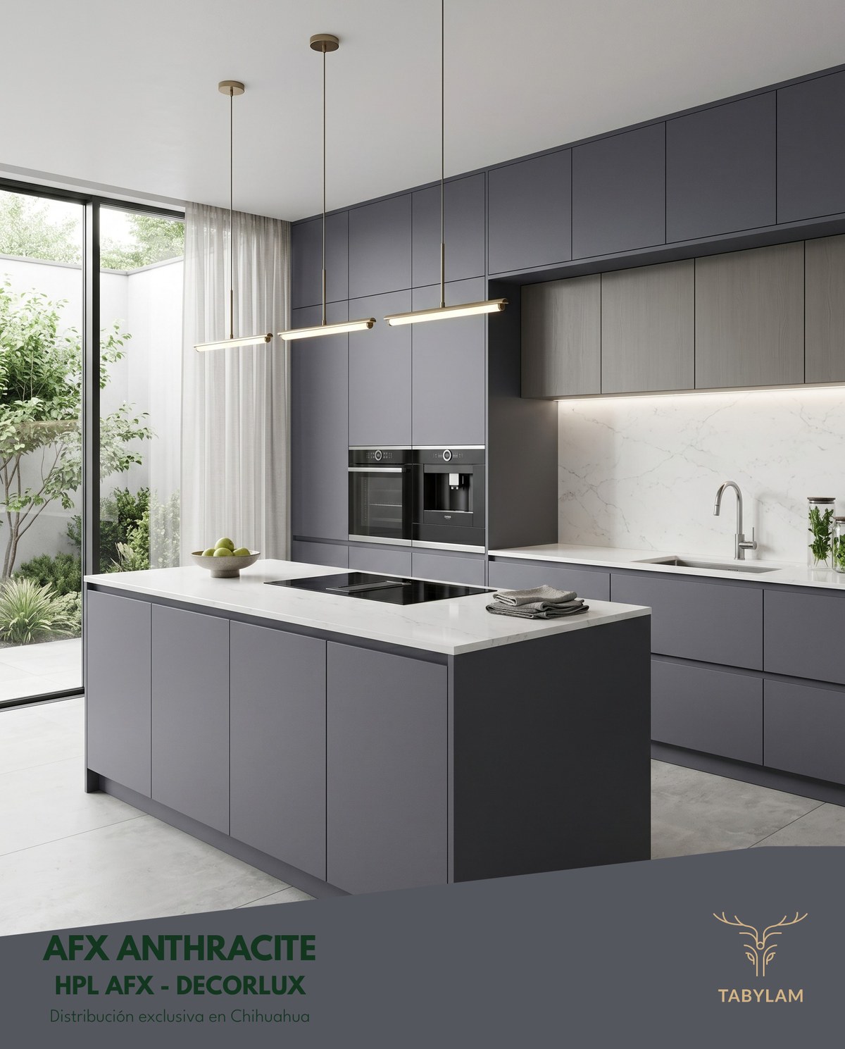 Tablero Decorlux HPL AFX Anthracite en cocina moderna — distribución exclusiva Tabylam Chihuahua