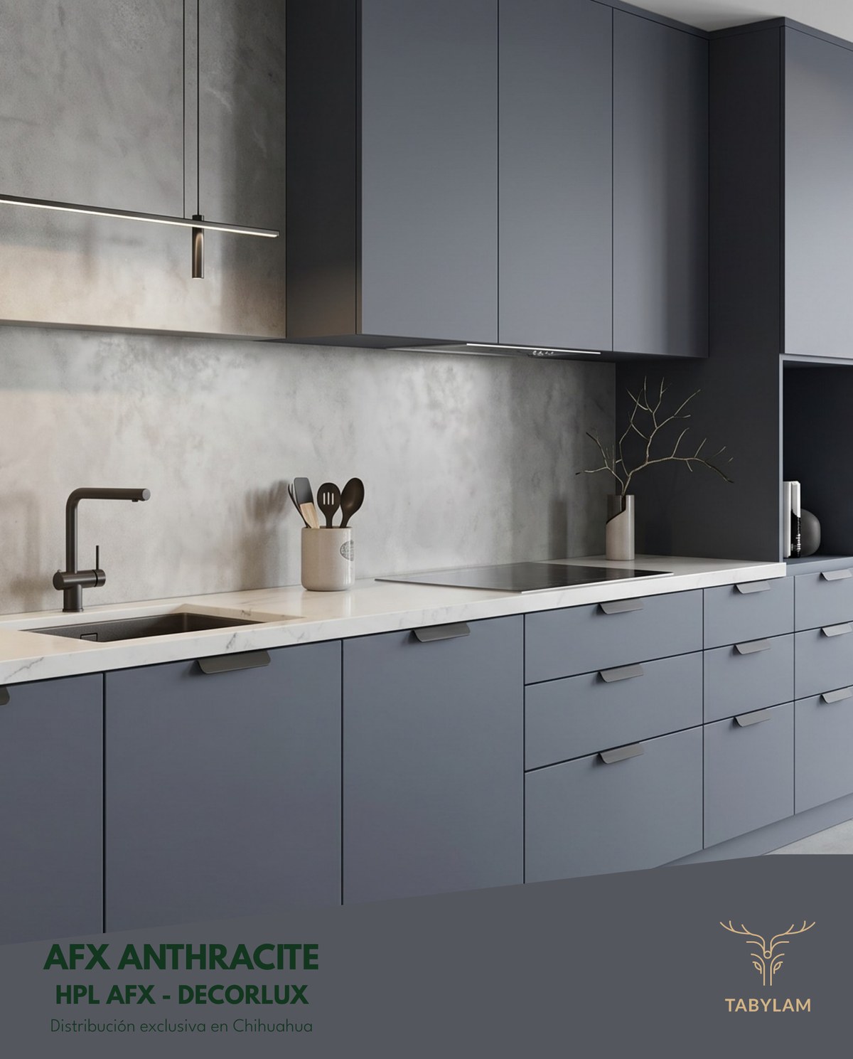 Ambiente con tablero Decorlux HPL AFX Anthracite — Tabylam distribuidor exclusivo Chihuahua
