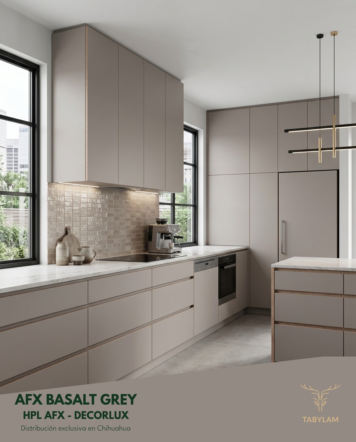 Tablero Decorlux HPL AFX Basalt Grey en espacio interior moderno — Tabylam Chihuahua