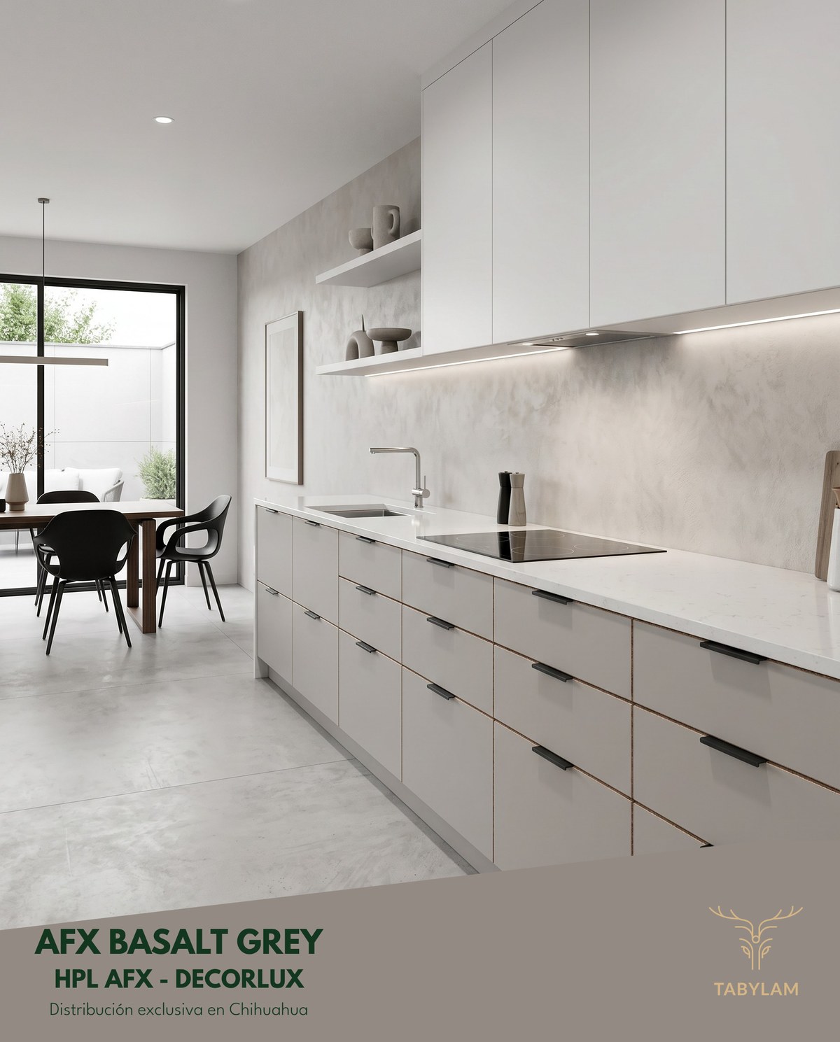 Acabado Decorlux HPL AFX Basalt Grey en mueble de cocina — distribuidor exclusivo Chihuahua