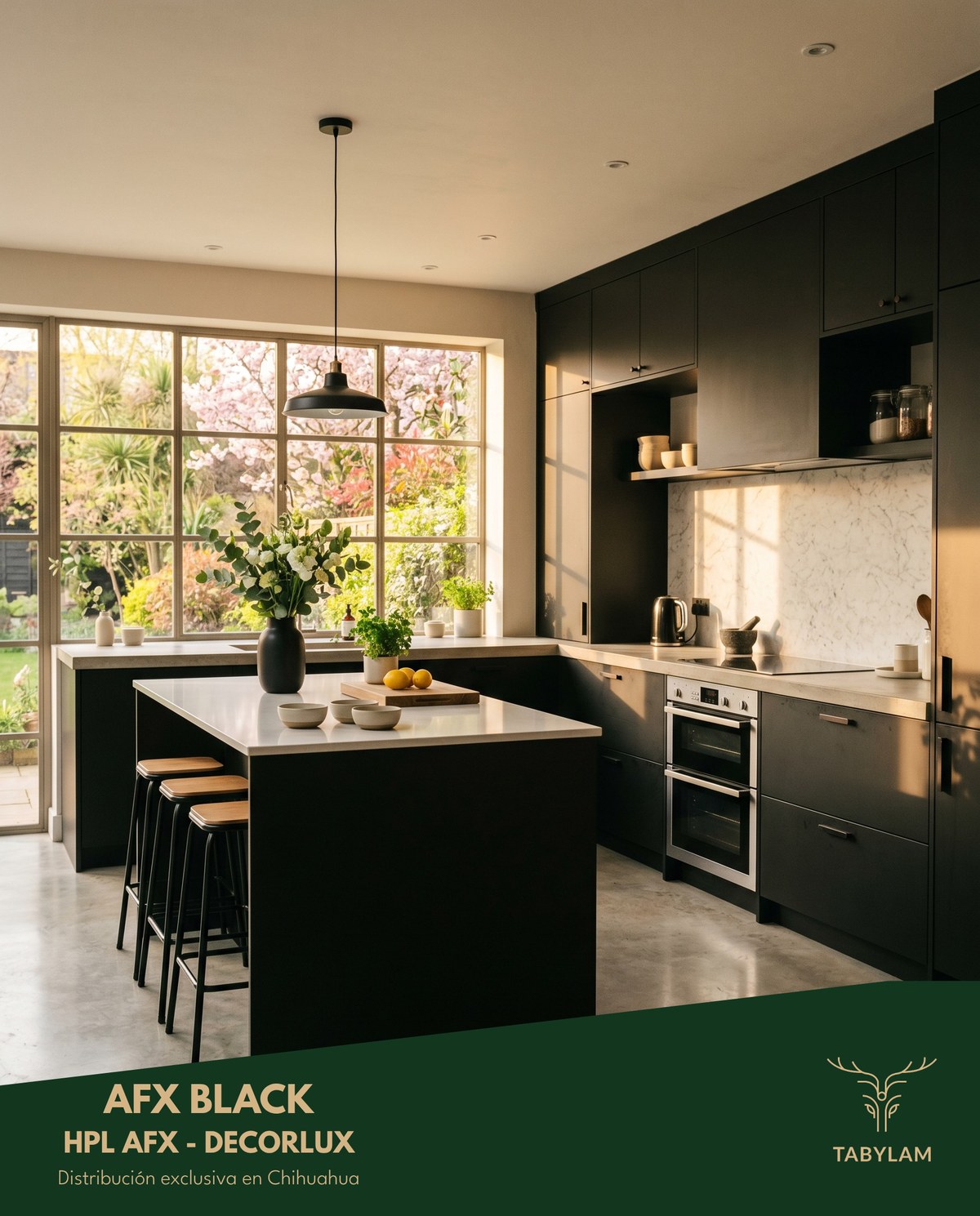 Ambiente con tablero Decorlux HPL AFX Black en espacio residencial — Tabylam distribución exclusiva