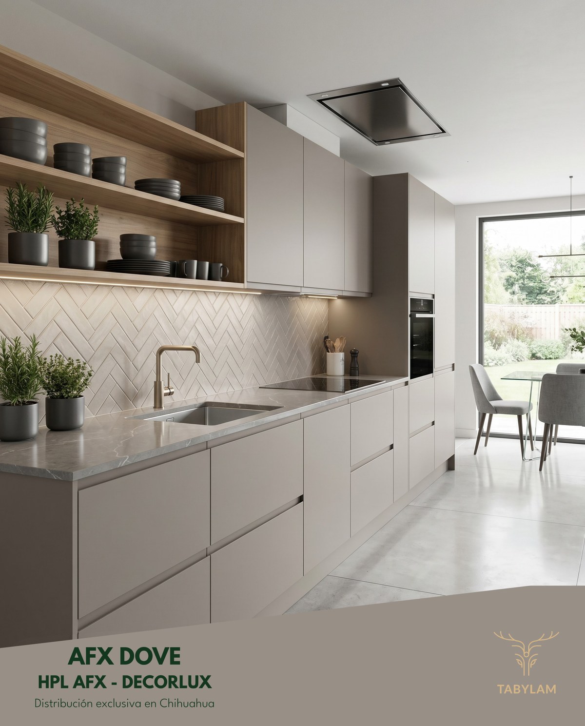 Tablero Decorlux HPL AFX Dove en cocina elegante — Tabylam distribuidor Decorlux Chihuahua