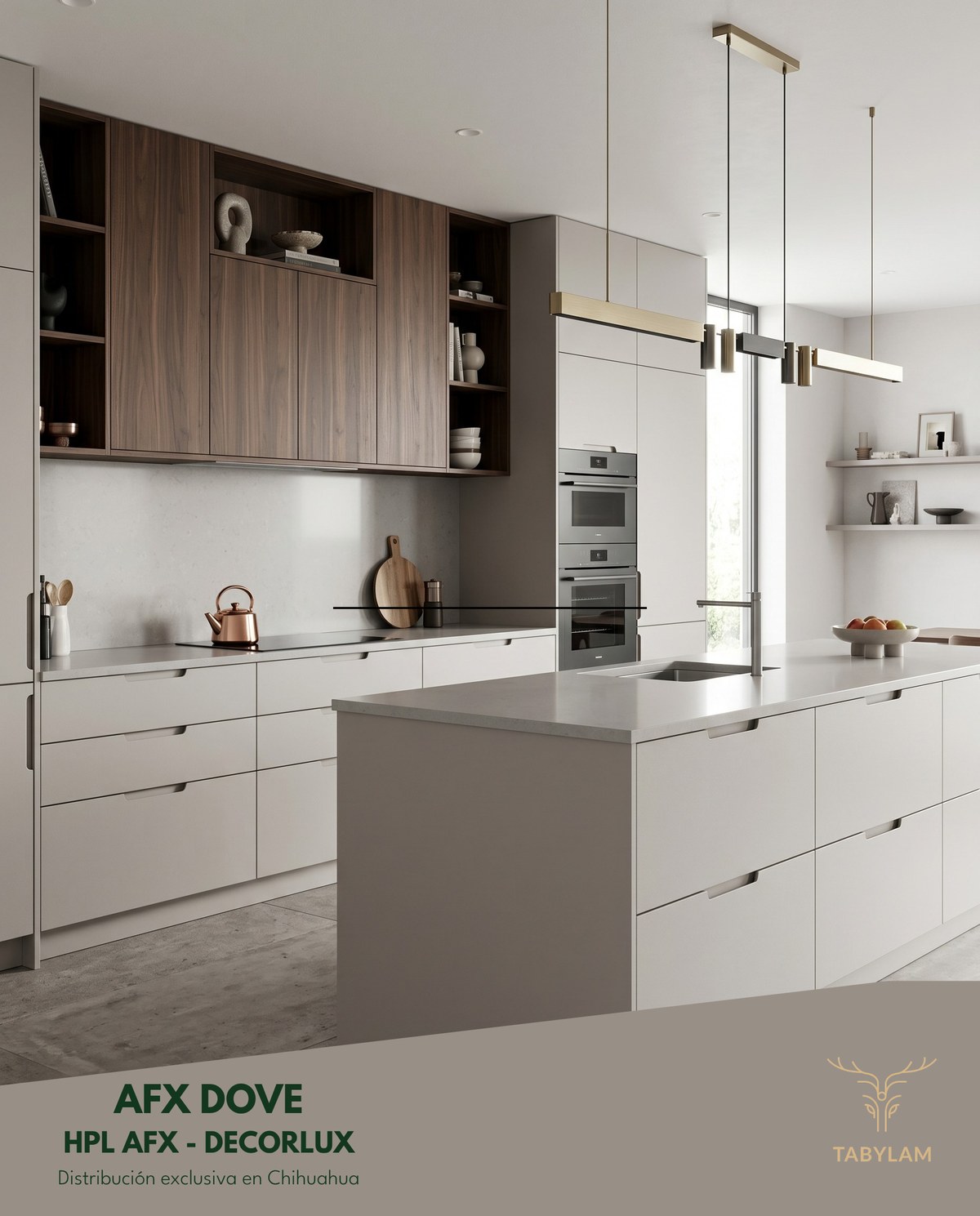 Acabado Decorlux HPL AFX Dove en modulares de cocina — Tabylam Chihuahua