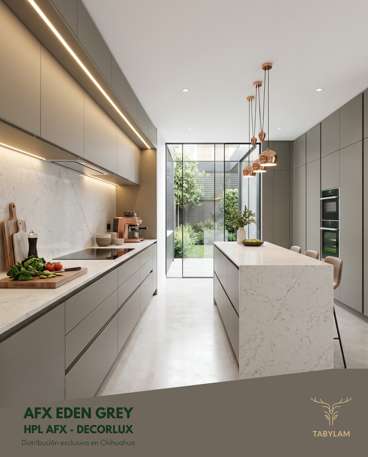 Tablero Decorlux HPL AFX Eden Grey en interior residencial moderno — Tabylam Chihuahua