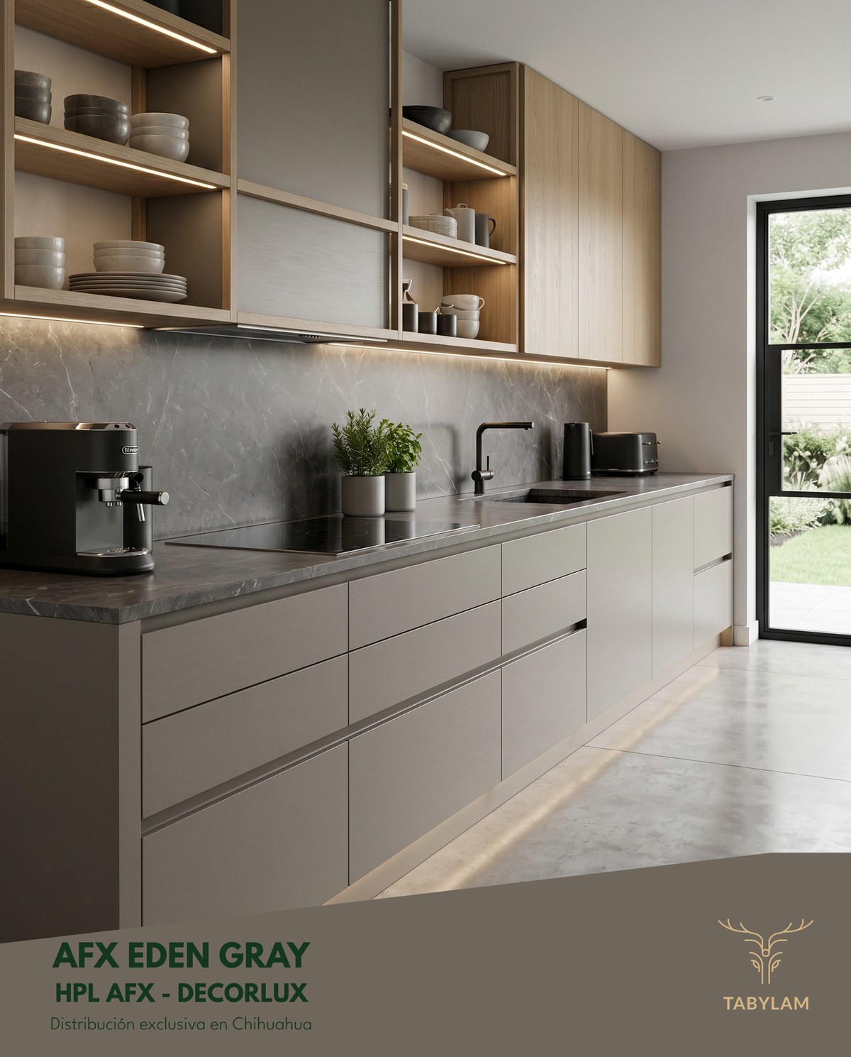 Espacio con tablero Decorlux HPL AFX Eden Grey — distribuidor exclusivo Chihuahua